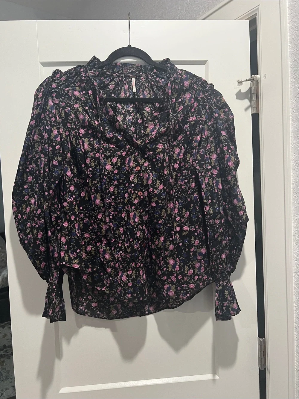 Free People Black Blouse with Purple & Pink Floral Print
